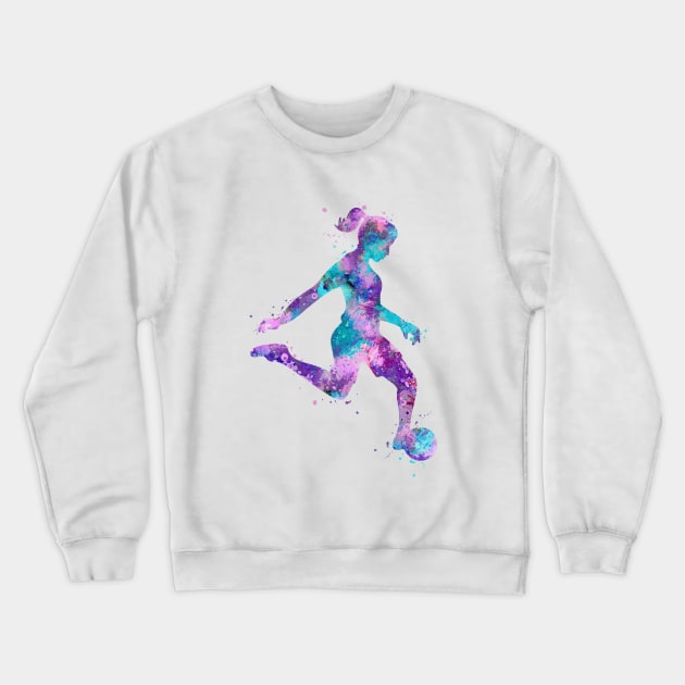 Girl Soccer Player Colorful Purple Pink Turquoise Watercolor Sports Gifts Crewneck Sweatshirt by LotusGifts